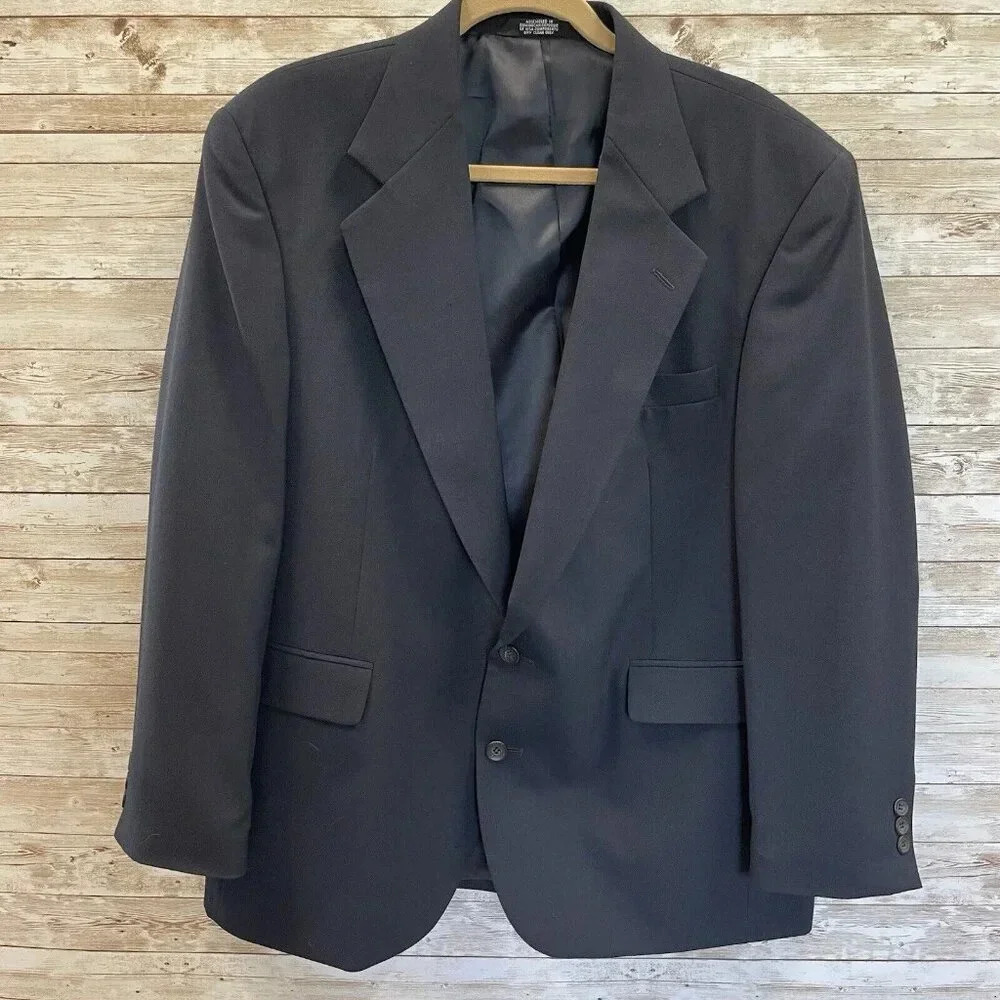 Vtg HAGGAR Clothing Company Mens 44S READ Suit Jacket NAVY Padded Shoulders Coat